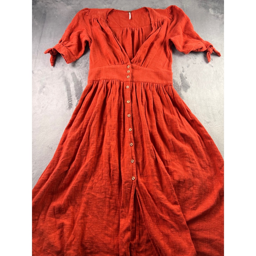 Free People Love Of My Life Midi Dress Rust Orange Cotton Gauze Button Front S